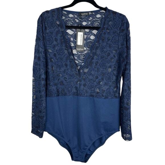 Boohoo Navy Blue  Plunge V Neck Lace Long Sleeve Bodysuit Size 14 - Picture 5 of 10